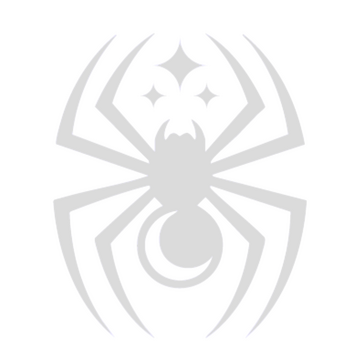 Cosmic Spider company logo. A white spider with a crescent moon in her body and stars above her head.